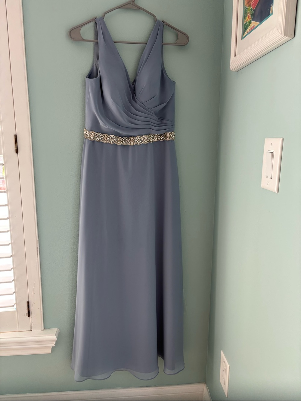 Azazie Elegant Dusty Blue Sleeveless Evening Dress with Embellished Belt. 4